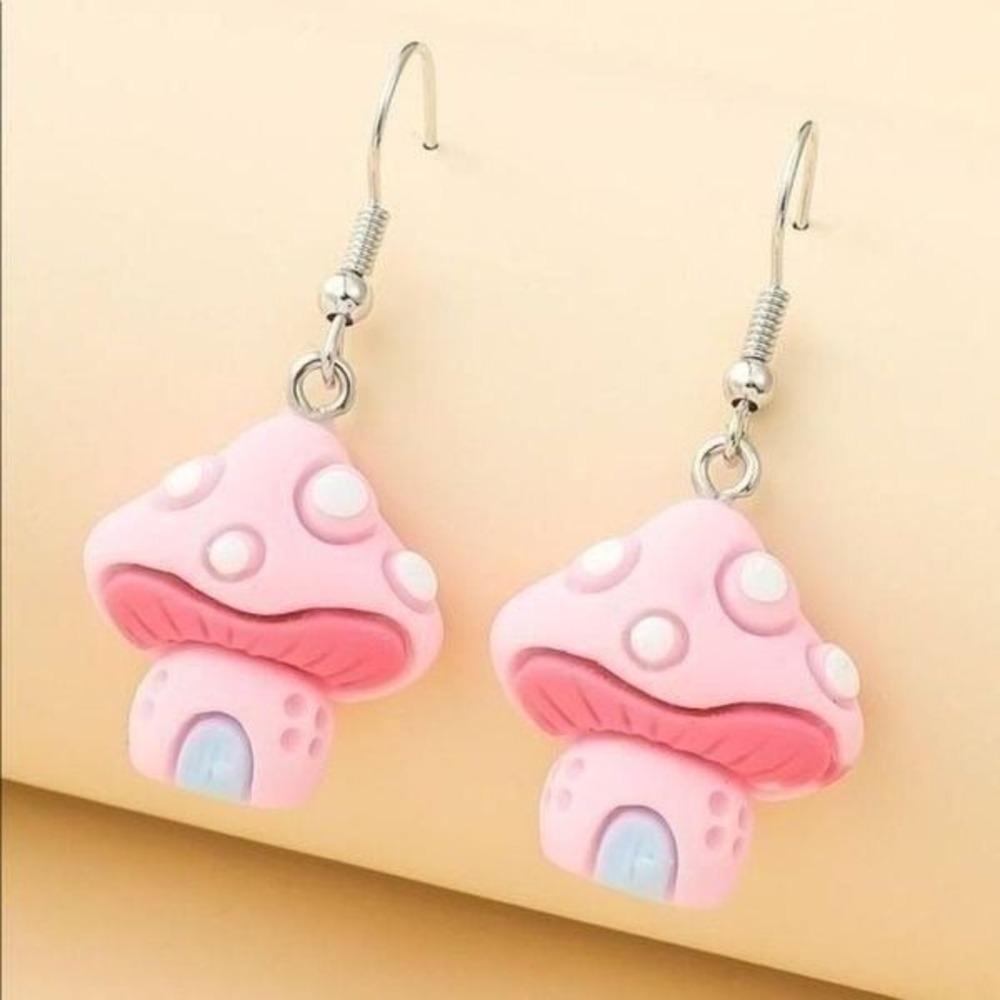 Pink Mushroom Earrings Cottagecore Fairycore Whimsicalcore Funkycore‎ Kawaiicore